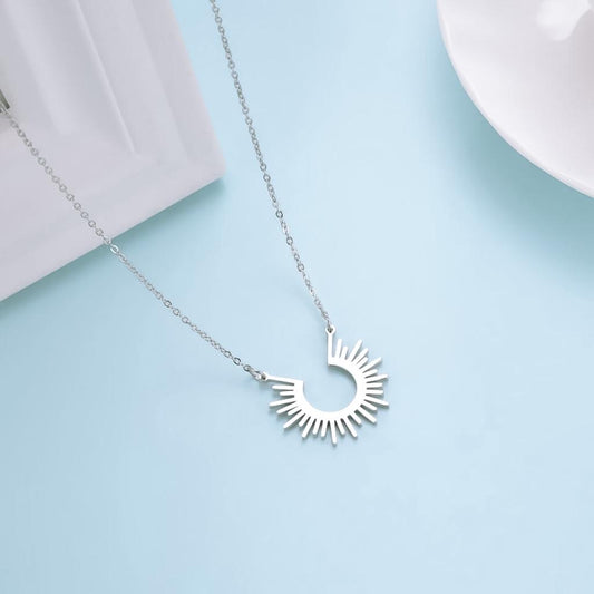 Sun Ray Pendant Tassel Necklace Silver