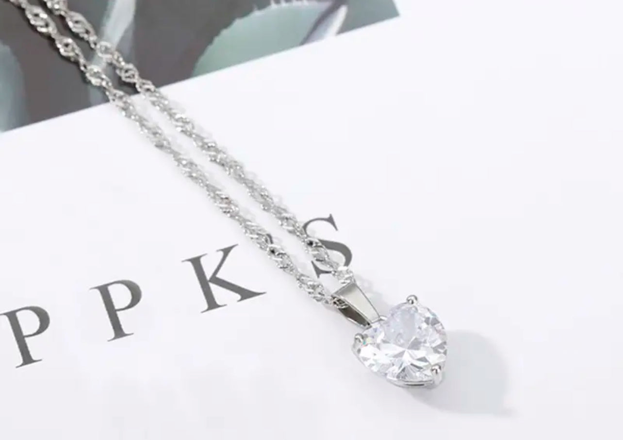 Crystal Heart Necklace Silver